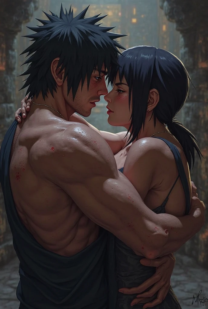 A young, cute, bloody, bruised, sweaty Japanese female street fighter and a male fighter in a back alley fighting each other. She is cornered against the wall. She is being by him. She has short-cut black hair. She is crying. Both eyes closed. Short of breath. Drooling from the mouth. Nakedim shorts. Open finger gloves. Erect nipp
