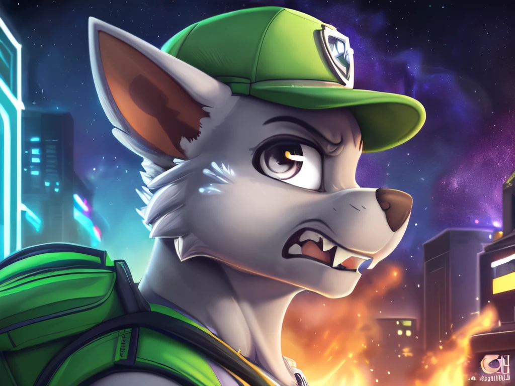 Rocky ((Paw Patrol)), ((male solo)), (male:1.95)domestic dog, male, adult male, brown eyes, (((gray fur)), ((gray body)), (wearing Paw Patrol gear:1.25), (wearing a green cap:1.25), (wearing Paw Patrol bagpack:1.45), (feral:2.25), (quadruped:2.25), ((sharp teeths)), ((large fangs)), gray eyes, (Shiny eyes:1.6), ((Pixar eyes)), perfect eyes, ((glowing eyes)), (hyper realistic:1.65), ((very large fangs)), perfect ligthing, (Cyberpunk city background:1.25), (buildings on fire:1.25), (back side view:1.45), looking at Viewer, ((spread legs)), spread legs, (rajii:1.1) (dimwitdog:1.1), (thesecretcave:1.25), (cooliehigh:1.1), (miles-df:1.1), (complextree:1.1), (pixelsketcher:1.1), (foxovh:1.1), (zaush:1.1), (avante92:0.70), (meesh:1.1), (inu-sama:0.80), (cervina7:1.1), (F-R95:0.70), (R-mk:1.1), (xpray:1.1), (standing tall:1.65), (close up to face:1.35) (brave pose:1.25), (valiant pose:1.25), (strong male:1.25), (brave male:1.85), (angry expression:1.45), (nebula:1.35), (starry:1.35), (some muscles:1.65)