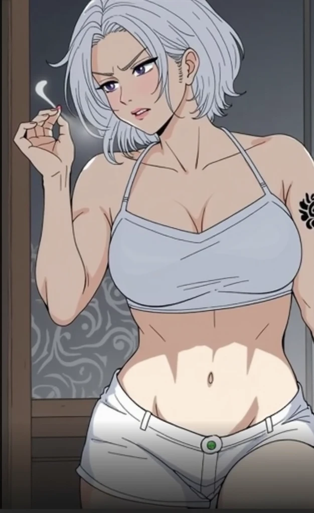 masterpiece, best quality, looking at viewer, upper body, portrait, looking at viewer, seductive smile, put your hands behind your head, armpits, armpits visible, sweaty armpits, isane, very large breasts, short silver hair,