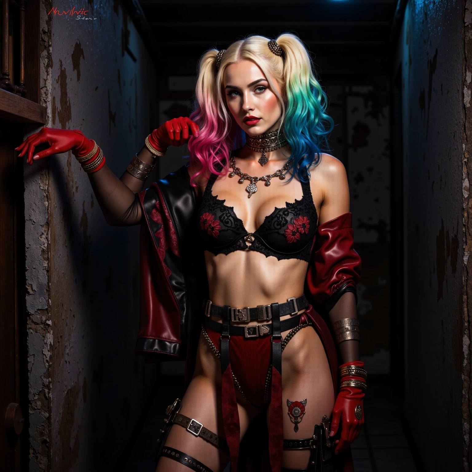 (best quality,4k,highres,masterpiece:1.2),ultra-detailed,realistic:1.37,full body shot,photorealistic Harley Quinn, pose from various angle, vibrant colors, sharp focus, dynamic lighting, detailed outfit, makeup, provocative expression, intricate tattoos, detailed facial features, elaborate props, contrasting background, cinematic composition, intense gaze, confident stance, seductive atmosphere, professional photography, studio lighting, grungy aesthetic, comic book style