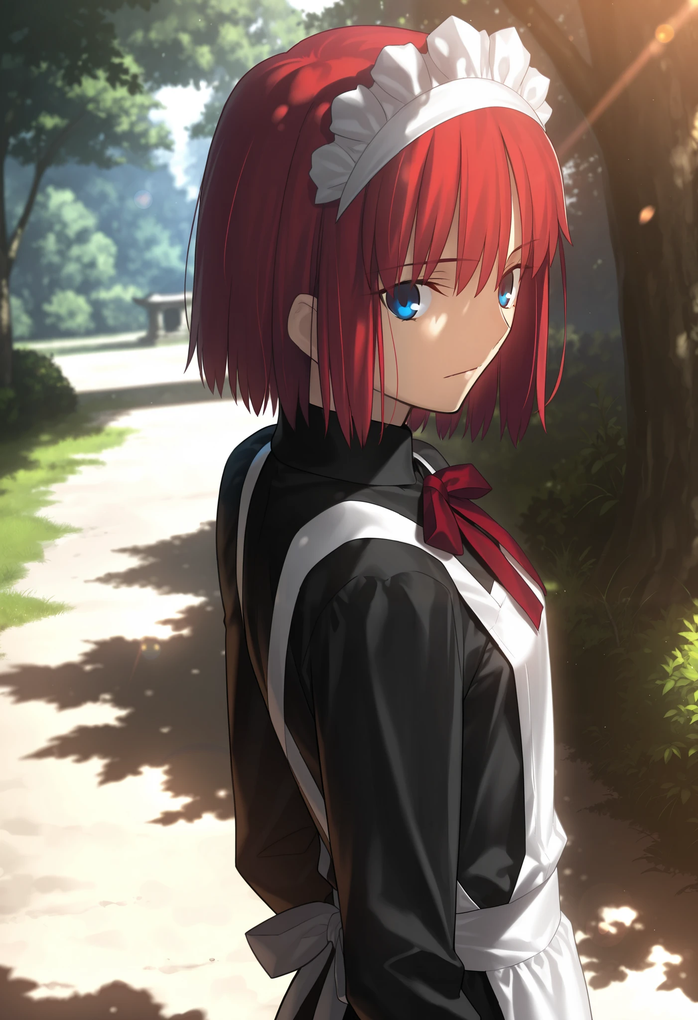 masterpiece, , absurdres, highres, detailed background, high resolution, masterpiece, necessary, detail, best quality, quality, necessary, details, High details, Precise, dark, outdoors, dappled sunlight, day, lens flare, blurry background, from above, from side, upper body,
1girl, , Takeuchi Takashi (type-moon,tsukihime) style, takeuchi takashi style,
tall girl, mature, Akiha_Tohno, (tsukihime), red hair, bangs, (short hair, bob cut hair), blue eyes, straight hair, tsurime, maid headdress, (), expressionless,
(black dress shirt, white apron), , dark red ribbon, small breast, flat chest, , looking at viewer, ,