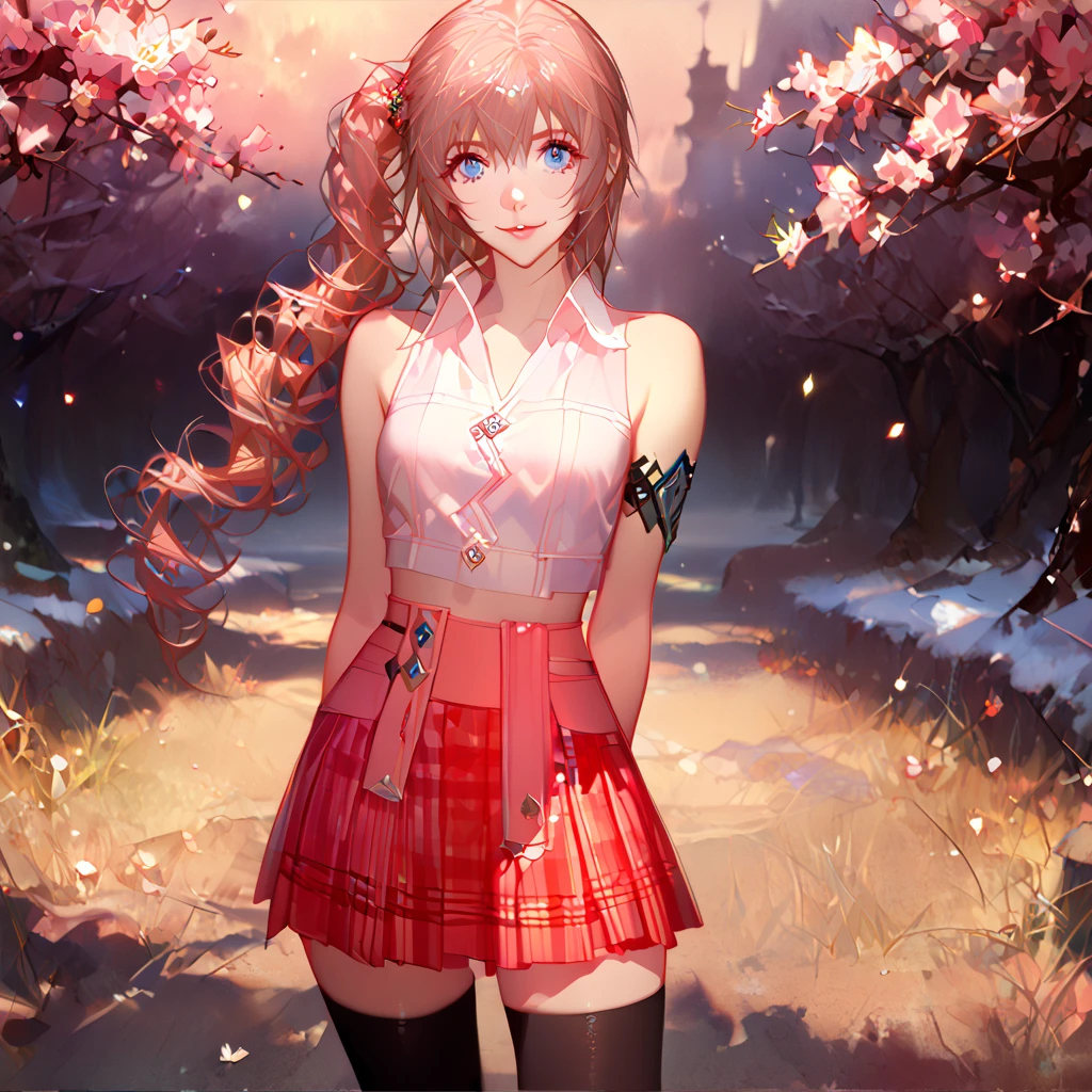 masterpiece, best quality, 8k, 4k, 1girl, (masterpiece, best quality:1.2), 1girl, serah farron, smile, looking at viewer, thin body ,arms behind back, blue eyes, long curly side ponytail to the waist, black diamond-shaped armband, plain white sleeveless shirt,zig-zag button pattern, straight collar shirt, midriff, transparent sleeveless pink vest, red plaid-pleated short skirt, black lace skirt, slightly lower skirt, black thigh-high stockings, ivory ankle boots, finely detailed eyes and detailed face, face detailed, hair detailed, clothes detailed, ((high quality)), extreme detail, Sakura tree, sakura field, inspired by Asukaziye artist : ask, art style : ask