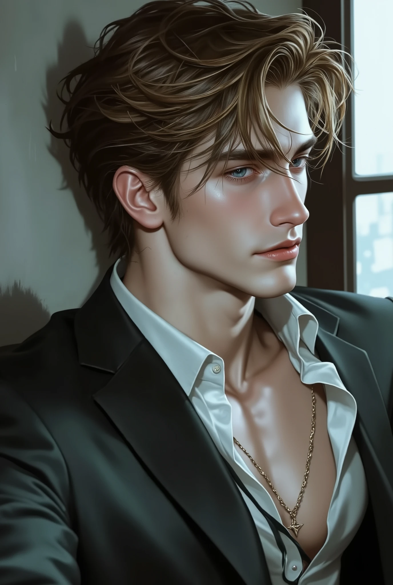 Profile photo of a young handsome hunk with a mustache sitting on a window. He has a sensual look , impressive blue eyes, and slightly disheveled honey brown messy hair. He looks strong. White pale skin