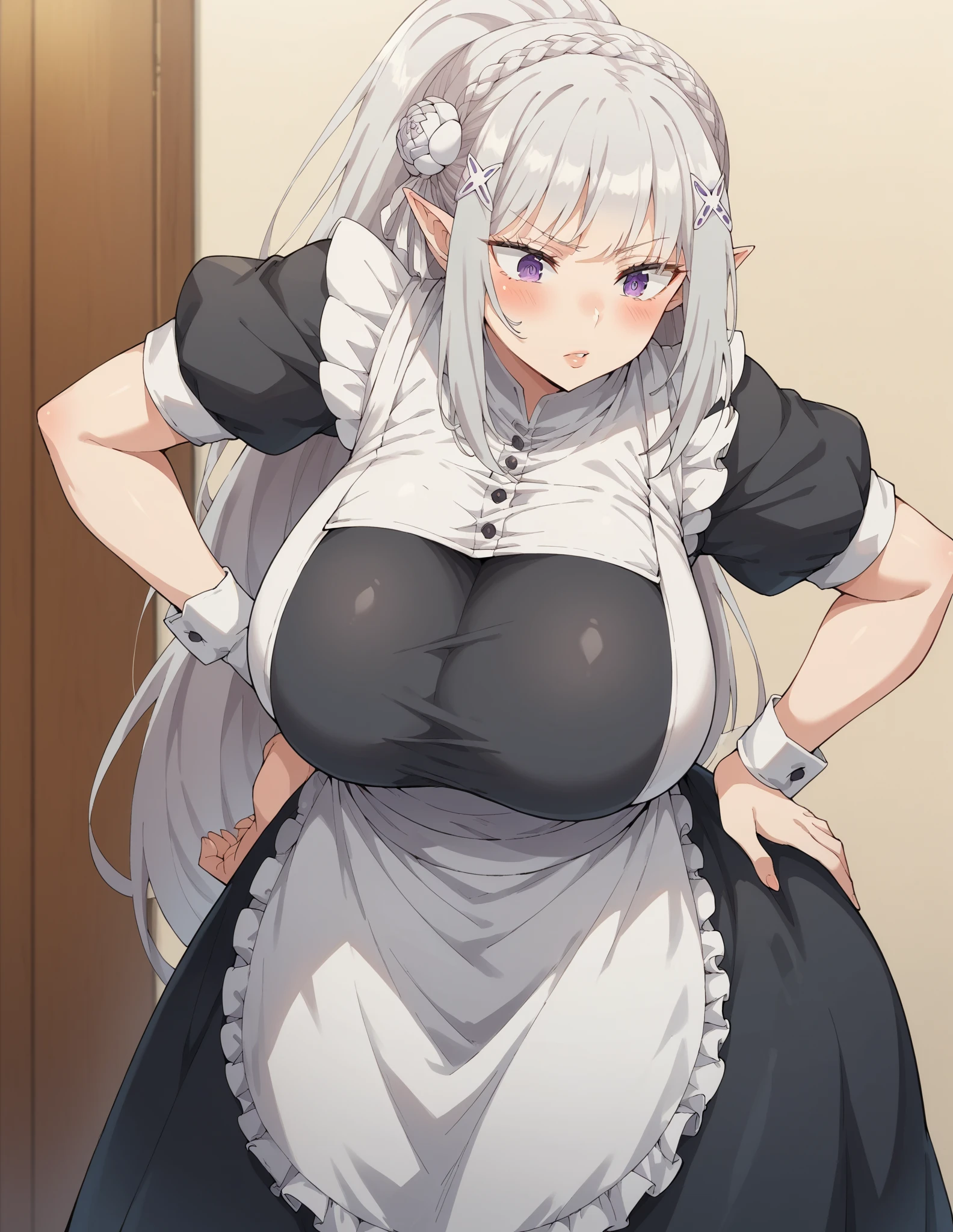 Highest quality, 4K, Tabletop :1.3), short beautiful woman, Silver Hair、Twin tails、Curly Hair、Hair length、Vertical Roll、Cute pose、Laughter、huge 、 Highly detailed face、Gothic Lolita Dress、Gothic Lolita、Hide one eye、Detailed eyes, Lewd, Seductive pose, Smooth Skin, (Big Breasts), Round Breasts, blush