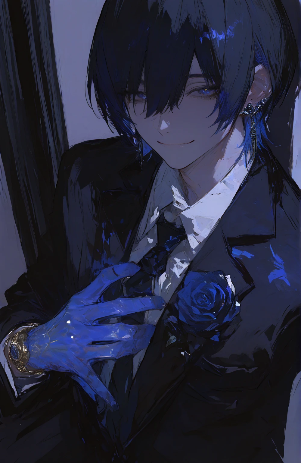 young man teenager ,Black hair has a strong blue sheen. ,Black eyes sparkling blue ,Wear fashionable black and blue shirts. ,There was a white card floating around behind it.
