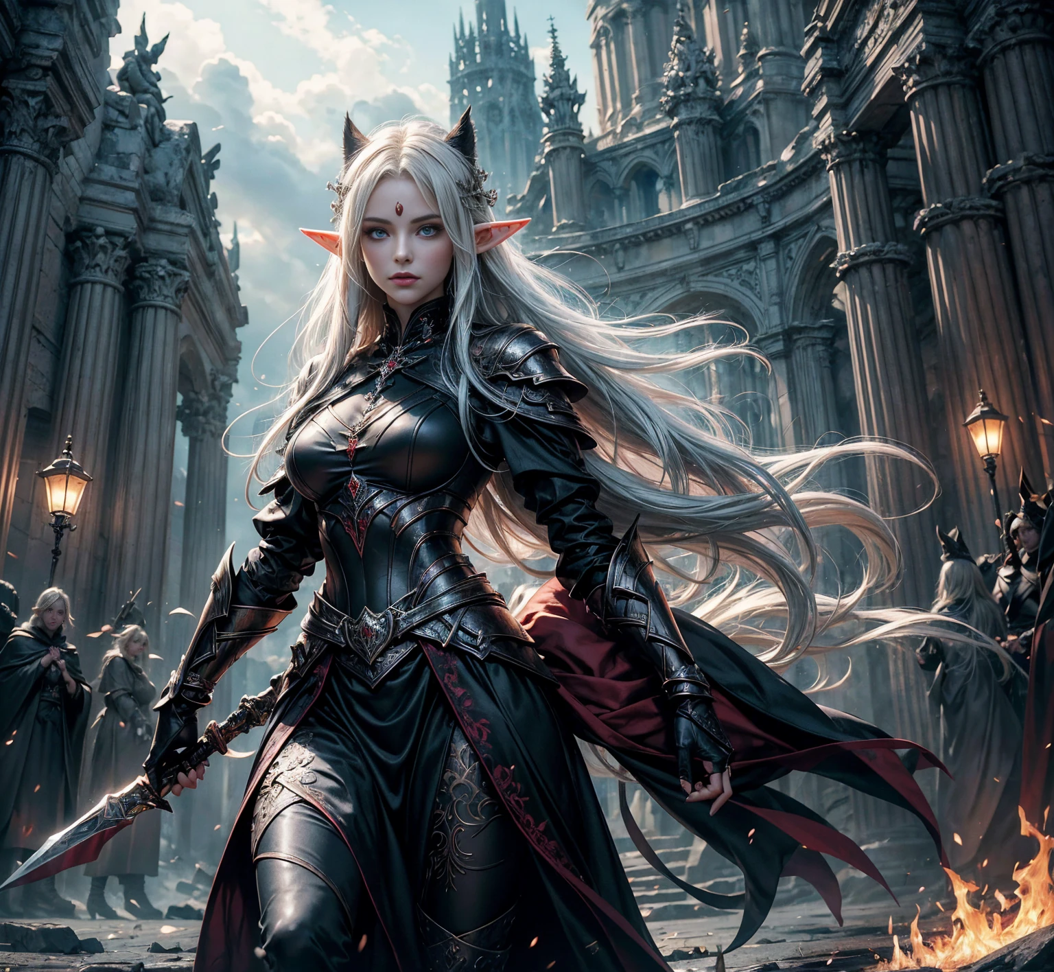 Female elf,Large breasts,Black armor,dramatics,Fly on a dragon