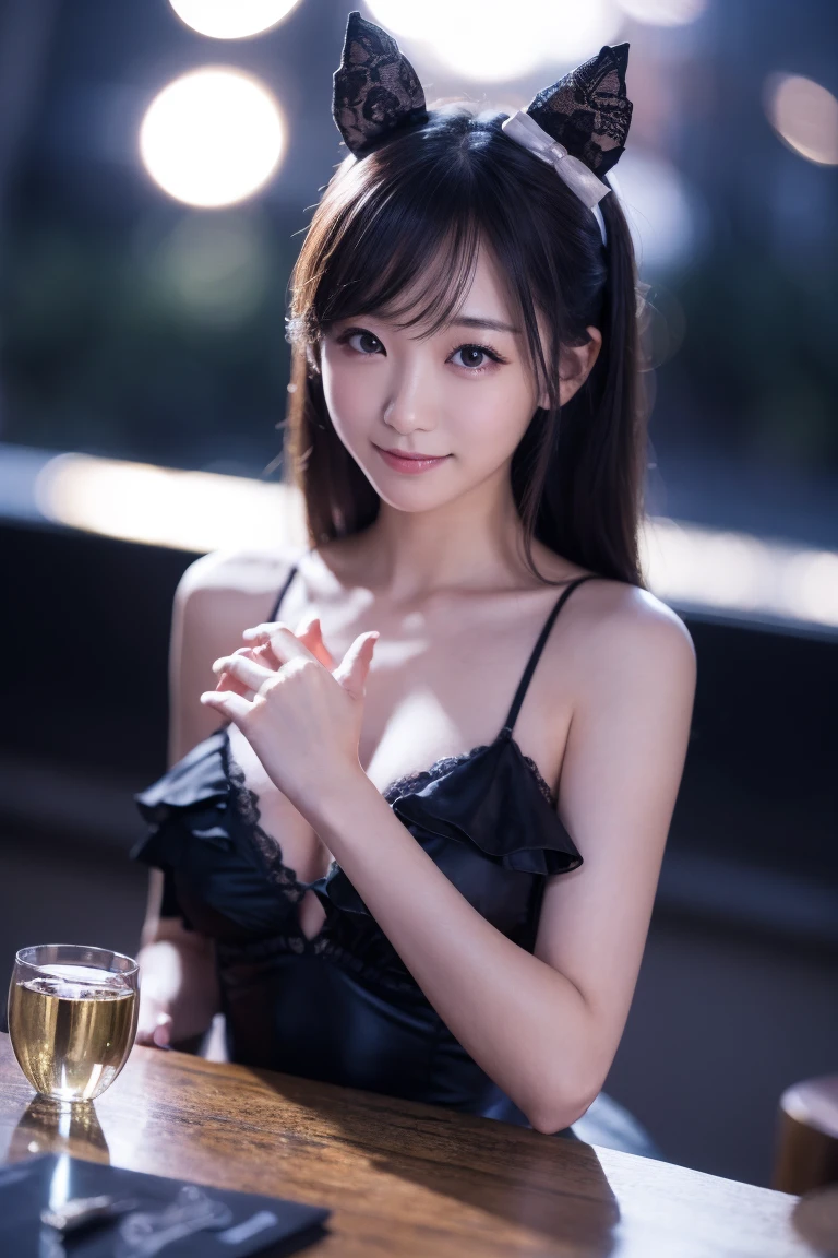 （Playboy Bunny、Bunny girl、Black rabbit-eared headband、Black high leg leotard、Black knee-high socks、Sleeveless、A bow tie、Ass、Black Hair、Big Ass、Inside the casino）、Extremely sexy、smile、Professional Lighting、Small waist、Beautiful adult woman、Captivating thighs、Very large breasts、Cleavage、Are standing