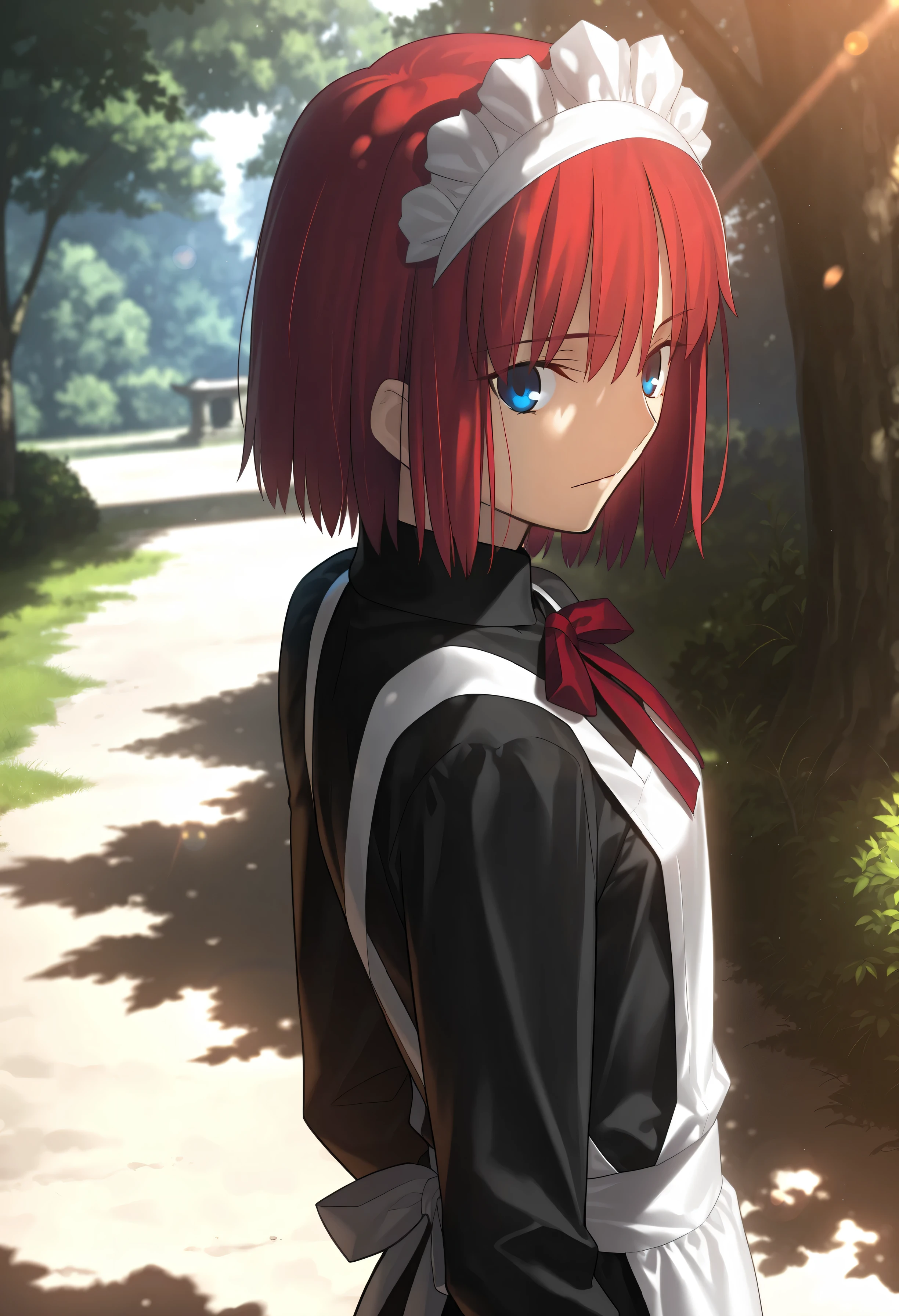 masterpiece, , absurdres, highres, detailed background, high resolution, masterpiece, necessary, detail, best quality, quality, necessary, details, High details, Precise, dark, outdoors, dappled sunlight, day, lens flare, blurry background, from above, from side, upper body,
1girl, , Takeuchi Takashi (type-moon,tsukihime) style, takeuchi takashi style,
tall girl, mature, Akiha_Tohno, (tsukihime), red hair, bangs, (short hair, bob cut hair), blue eyes, straight hair, tsurime, maid headdress, (), expressionless,
(black dress shirt, white apron), , dark red ribbon, small breast, flat chest, , looking at viewer, ,