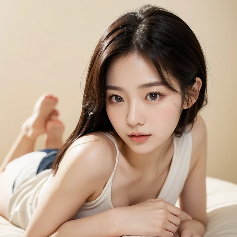 Exquisite，tmasterpiece，beautifuldetails，rich colourful，exquisite detailing，delicate lips，Complicated details，The cracks are relatively large，1人の女性，（A beautiful 20 year old cute Korean woman：1.1），（K-pop idol，Korean mixed），（50mm sigma f / 1.4 ZEISS lens，f1.4，1/800s，ISO 100，Photo grab：1.1），（Brunette 1.2），（フォトリアリスティック：1.4），（spy：1.2），（side slit），  silver necklace， （pretty legs， High girls， being thin， Slim_law，Colossal tits， upper legs_the gap， Good role model： 1.2 ）， Photographed， Flare from the front， （very cool expression）， hand on the head， spread their legs，
