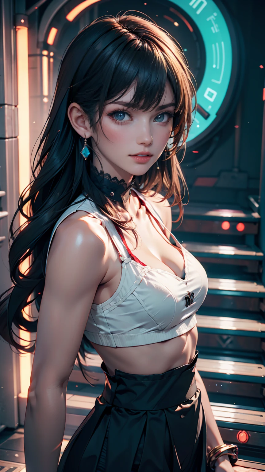 Complex 3D rendering of ultra-detailed beautiful porcelain contoured female face, , Integrated Circuit Parts, 150 mm, Beautiful studio soft lighting, rim Light, Vivid details, Luxury Cyberpunk, Lace, hyperPractical, anatomy,((Full and soft breasts,)))(((Large Breasts))) (((Cleavage))) Facial muscles, Cables and wires, Microchip, elegant, Beautiful background, Octane rendering, H. r. Giger Style, 8K, best quality, masterpiece, illustration, Extremely refined, Very detailed ,CG ,Unity ,wallpaper, (Practical, photo-Practical:1.37),amazing, Fine details, masterpiece,best quality,Official Art, Very detailed CG Unity 8K wallpaper, absurd, incredibly absurd, , Silver beads, sit,Bangs, Purple Eyes, Dark blue long hair