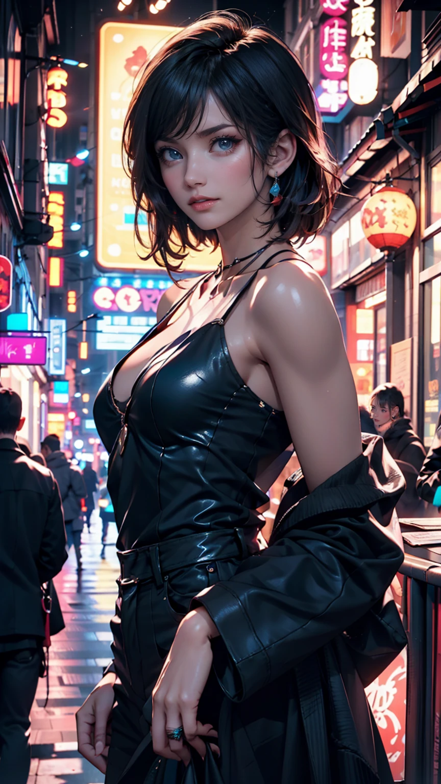 Cinema Lighting,Highly detailed skin、Beautiful details、Highest quality,cyber punk,(Exchange、Dim color, Calm tone、Perfect Anatomy:1.3),(One beautiful woman、Beautiful features down to the last detail:1.3)(Black short hair)Shapely breasts、break.White Shirt Tops、Black Satin Suit Slacks、(purple fur down jacket)break.Black-haired、big frame glasses、Put your hands in your pockets、Arms crossed、Near city station、night。Japanese, Huge