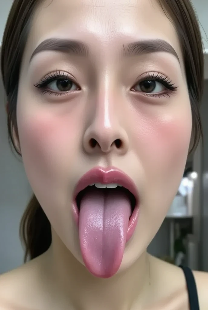 Tabletop,,Award-winning photo, Very detailed, Sharp focus on the eyes, Nose and mouth,Face Focus, Woman with open mouth and closed eyes, blue camisole、Age 35,Black-haired、Symmetrical face,Realistic nostrils、Angle from below,,Sweaty skin、Lighting that highlights sweaty skin,Skin shiny with sweat、Glowing Skin、Sweaty hair,Beautiful Japanese actresses,smile,(Super wet skin)((ahegao,,Sticking out tongue,Long Tongue,))((Realistic eyelashes with attention to detail))((ahegao, Drooling, Saliva trace, Long Tongue, Face to face, Textured skin, Anatomically correct, Ultra-high resolution,))Thick tongue,Realistic moisturized skin,(((Long Tongue)))