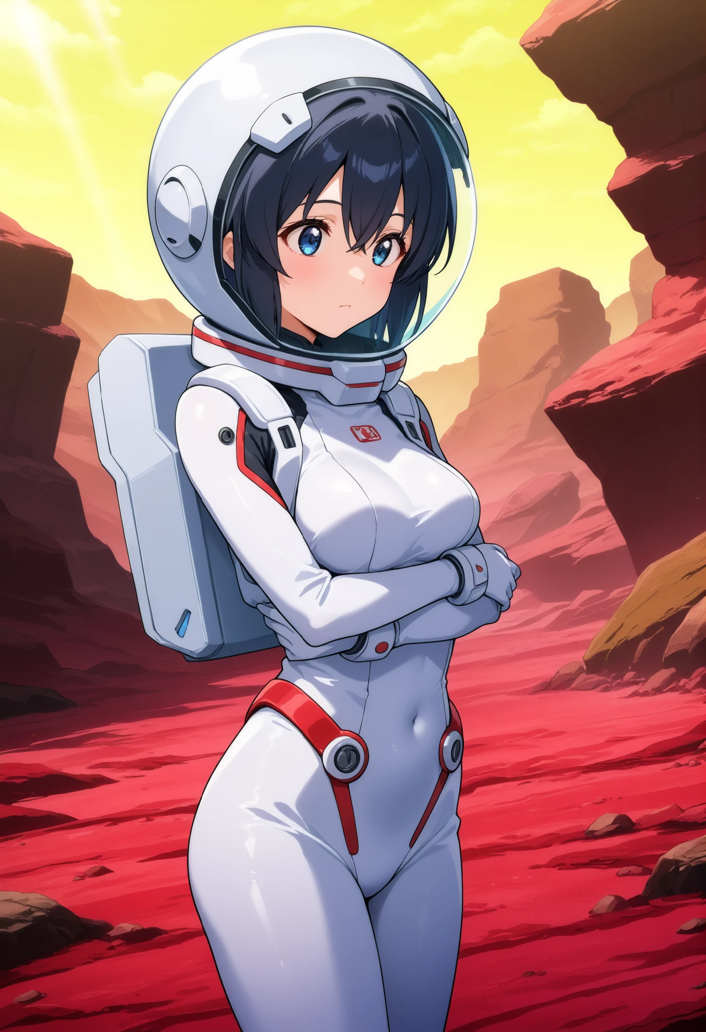 higurashikira, anime screencap, anime coloring,
1girl, solo, medium girl, black hair, bangs, hair between eyes, blue eyes, medium breasts,
white space suit, hi tech suit, space helmet, hair inside helmet,
looking at another, curious, closed mouth, arms under breasts, standing,
outdoors, alien planet, on planet surface, red terrain, yellow sky, light reflection,
(masterpiece, best quality, absurdres, highres, newest, very awa, year 2024:1.2)