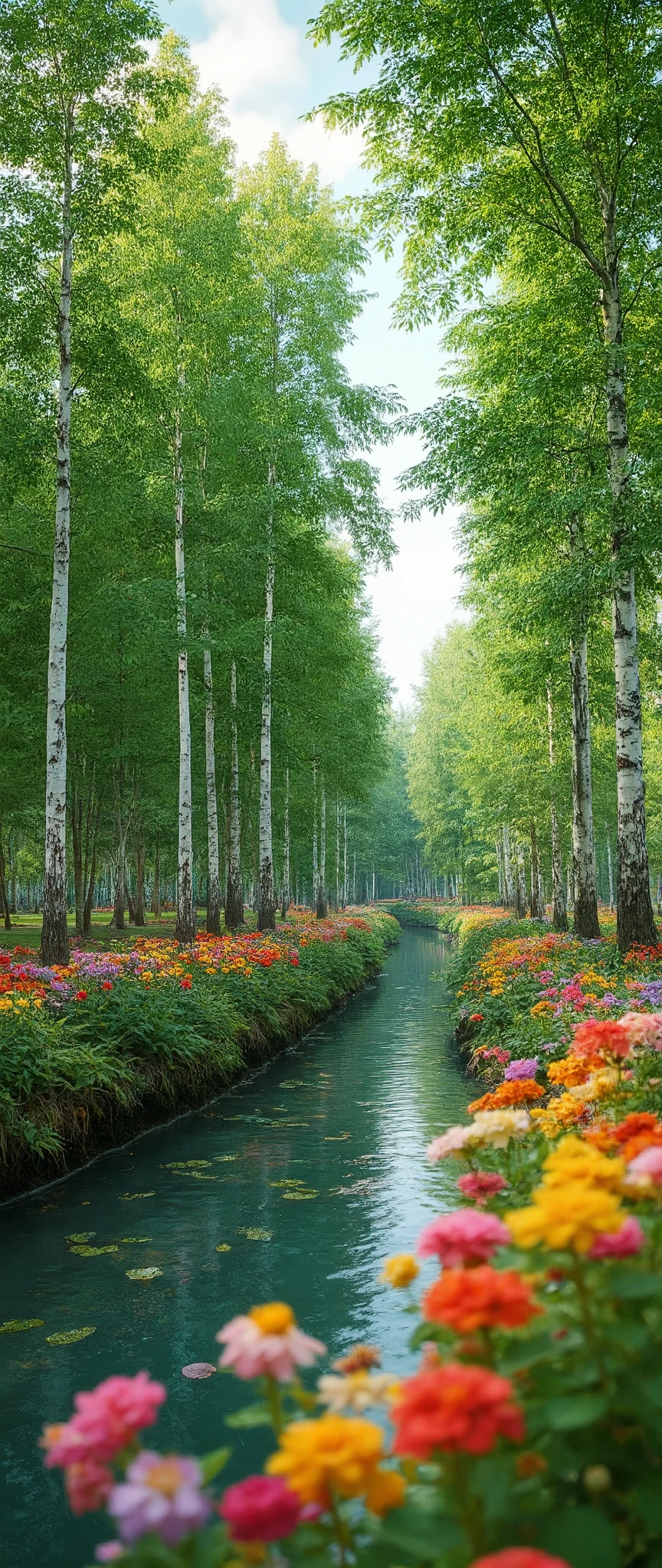 high image quality画像では、beautiful images(Extremely impressive SiveCG Unity 8k images),spectacular canal images of white birches in the woods,high image quality,Flower season,Seven Colored Detailed Flowers,realistic images、Blue sky passing through、fascinating amazing views that have become a hot topic。