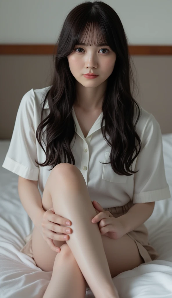 Fascinating anime, [ 4K Digital Art ]!!,Hyperrealistic Painting, Art with attention to detail, 8K high resolution, Detailed Art,Curvy Tanned Gal,(puppet,Thick lips:1.2),Dress shirt,cardigan,Side details,Pleated skirt,Brown Loafers,blonde,(Dark Skip:1.3),loose socks,Sweaty,close,((Lying on the bed)),In the bedroom,(Blushed),、((Spread your legs、Her white panties are in full view)), (Open the shirt to expose the bra)