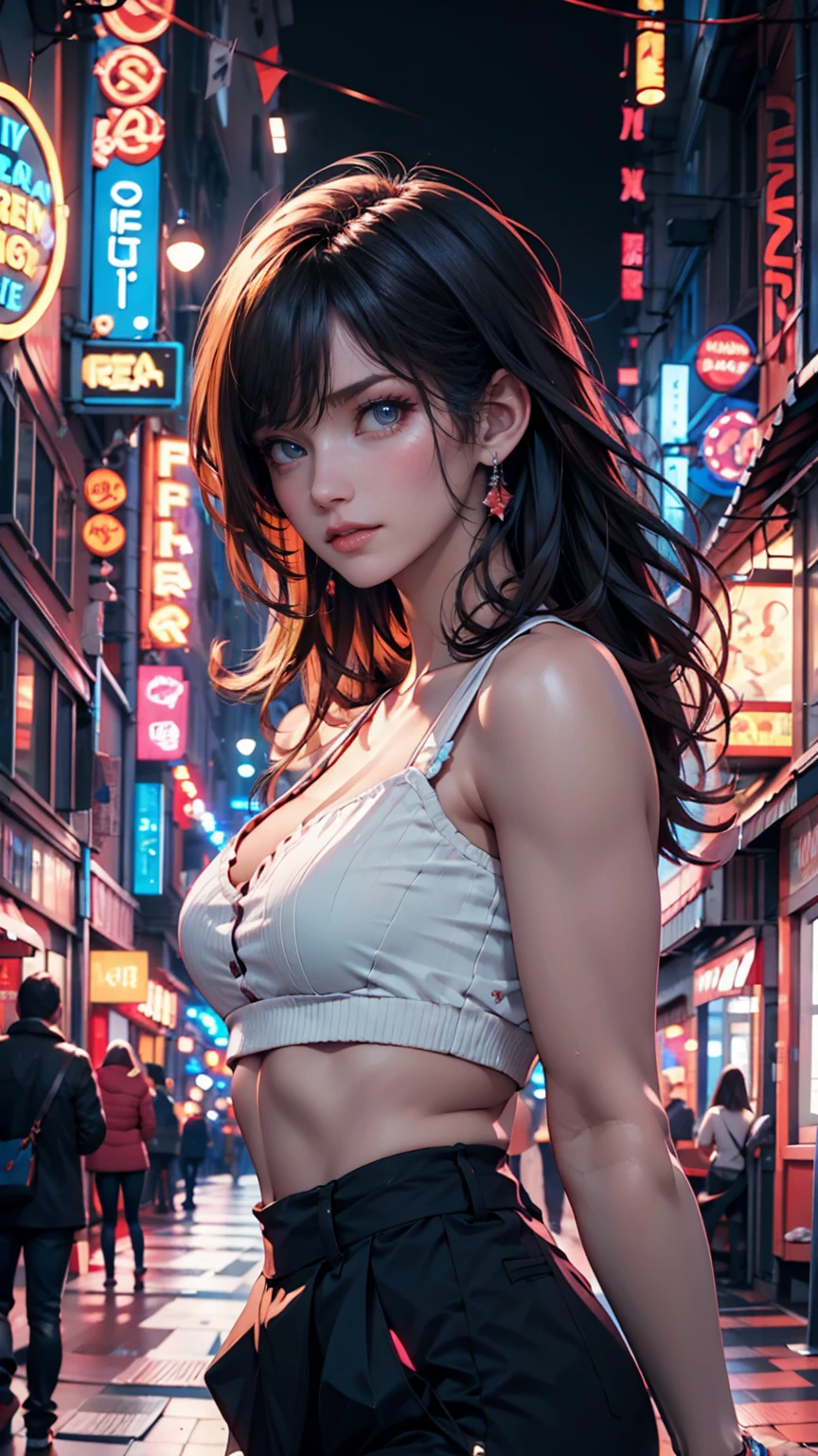 score_9, score_8_up, score_7_up, score_6_up, score_5_up, score_4_up, 1girl, Misato Katsuragi BREAK upper body, view from front, facing viewer, closeup of face, seductive look BREAK (wearing black micro bikini), (long black hair), ponytail, bright detailed blue eyes, (big eyes, well opened eyes), (large breasts), cleavage, arched back, standing, tiny waist, (flat stomach), athletic BREAK neo tokyo well lit highrise building, filled with neon signs, well lit by red neon lights, translucid, fine red lips, pinup pose BREAK official art, masterpiece