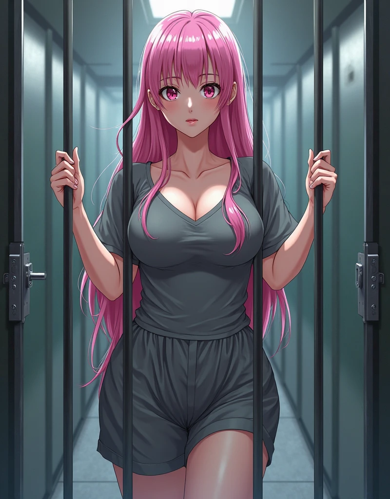 an anime girl with her arms behind her back, dressed as a prisoner, inside a dark prison cell, 1 girl, full body, alone, long hair, looking at viewer, shirt, red eyes, pink hair, loose hair, evil worried face , sitting on a bed, dressed in a striped t-shirt, with horizontal stripes, black and white striped shirt, large breasts, long sleeves, with (arms behind the back), no pants, bare legs, bare feet, bare feet.