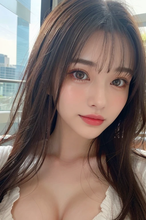 A masterpie, beste Quality, 8K, absurdist, (upper-body:1.4), white shirts, beautyful girl, Clean face, looking at the viewers, Sorrisos, ultra realisic, a highres, pictures, sharp-focused, HDR, face lights, Dynamic lighting, Movie lighting, Professional Shadows, beautiful cityscape background, Supreme Details, extremely detaild, 超detailded, finelydetail, authentic skin, Delicate facial features, detailed face and eyes, Sharp pupils、Realistic pupils