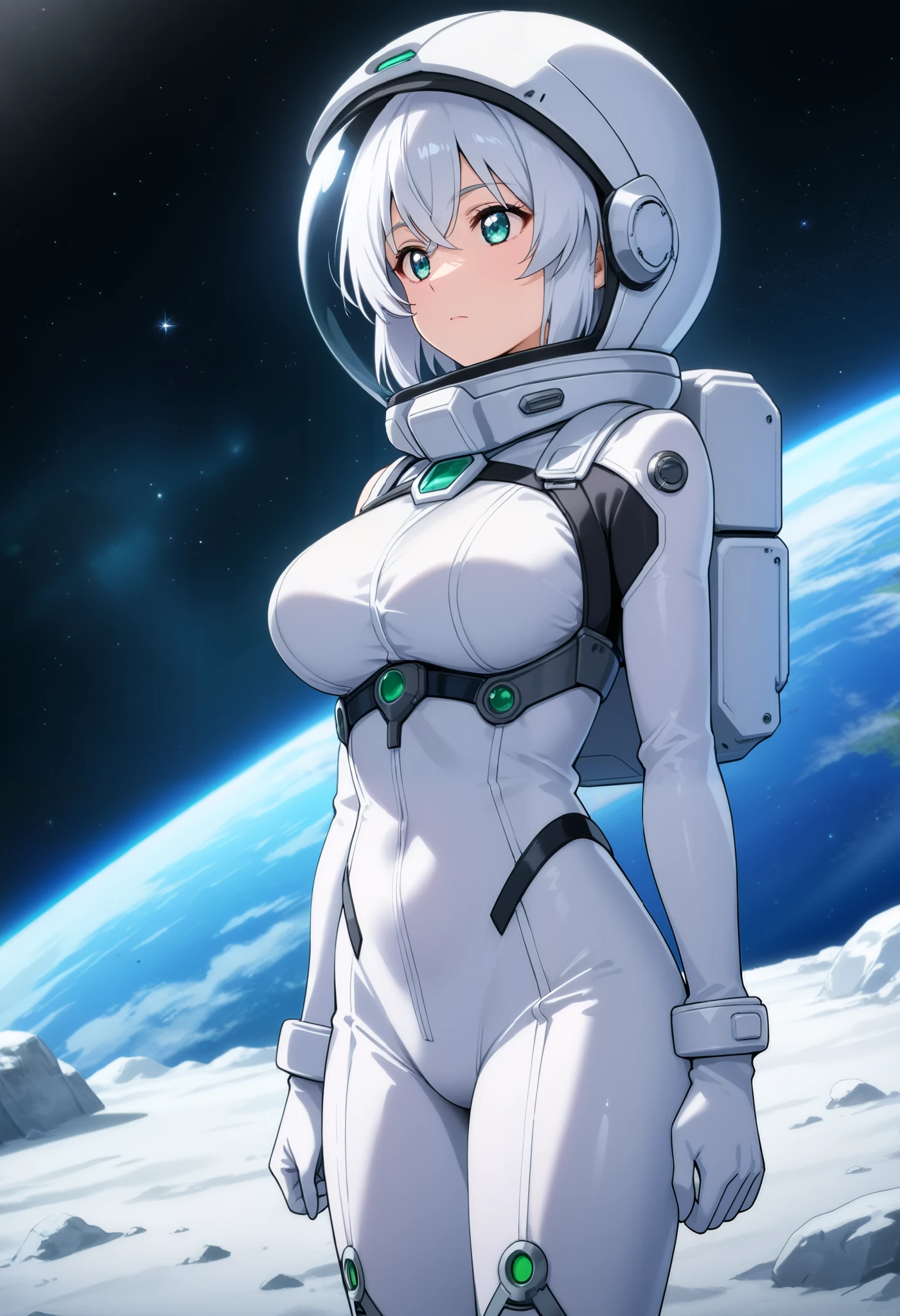 higurashikira, anime screencap, anime coloring,
1girl, solo, tall girl, white hair, very short hair, crossed bangs, cyan eyes, big breasts,
sleeveless white t-shirt, black sweatpants,
looking at viewer, expressionless, closed mouth, arms behind back, leaning back,
indoors, spaceship, inside spaceship, space, earth, stars,
(masterpiece, best quality, absurdres, highres, newest, very awa, year 2024:1.2)