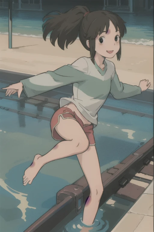 drsizukachan1, explicit, Shizuka Minamoto, (1 girl, alone, black hair, black eyes, twin tails, competition swimsuit, barefoot, looking at viewer, sitting, feet in focus, soles, toes, in top of a skyscraper, scared), nsfw, twintails, giantess