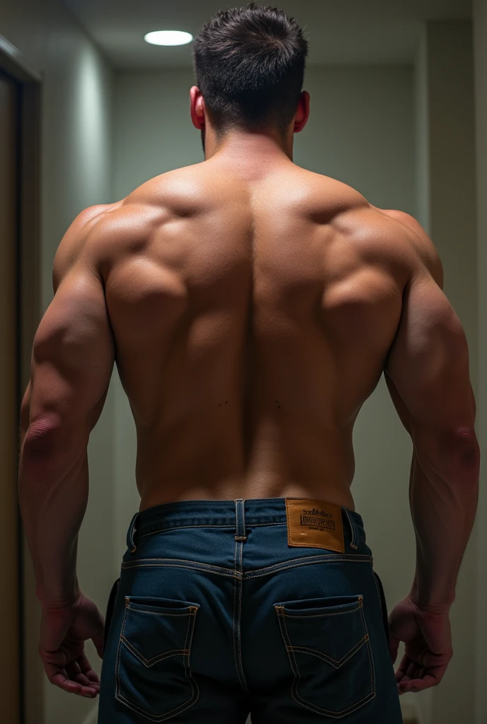 Hombre arrogante con jeans posando para una foto, Fitness model, Adecuado, foto adecuada, hombre en forma, sporty physique, cuerpo en forma, forma tonificada, en un gimnasio, deportes bien, bien tonificado, trabajando afuera, aptitud fisica. Backside