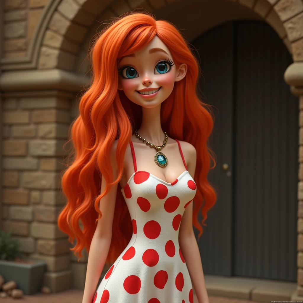 A red-haired girl wearing a white dress from a tree branch, a sexy body, looking at the camera with a close-up shot. She has short ombre wavy hair, large breasts, and is on a sunny beach. The image is in 8K ultra-realistic quality.