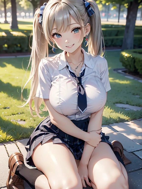 masterpiece,be familiar with,(((Highest quality))),Blonde, ((Large Breasts)), ((((cute)))), ((school uniform)) ,Straddle,White Strapless Bra,Cotton underwear,Open shirt,