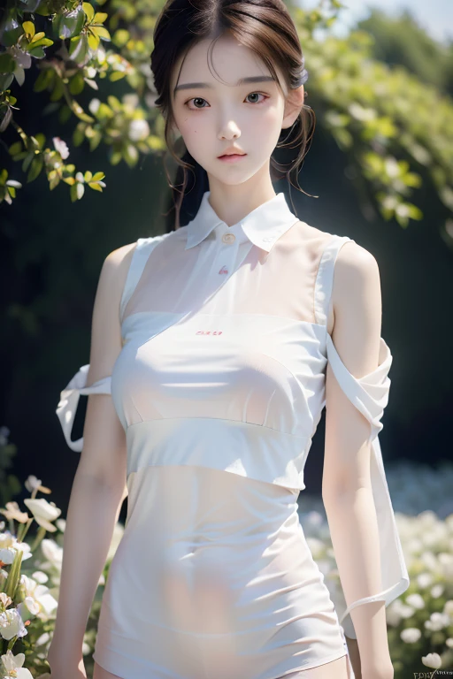 raw photo, 8k, (top-quality), Realistic, (real picture, Intricate details), (natural skin texture, detailed skin), (Japanese age girl standing in foggy greenhouse), ((white dress, lace dress, sleeveless)), (((flat chest:1.5))), (pale skin), ((bun hair, bangs)), (seductive face, provocative look, Parted lips:1.3, blush), natural lighting, Full body shot