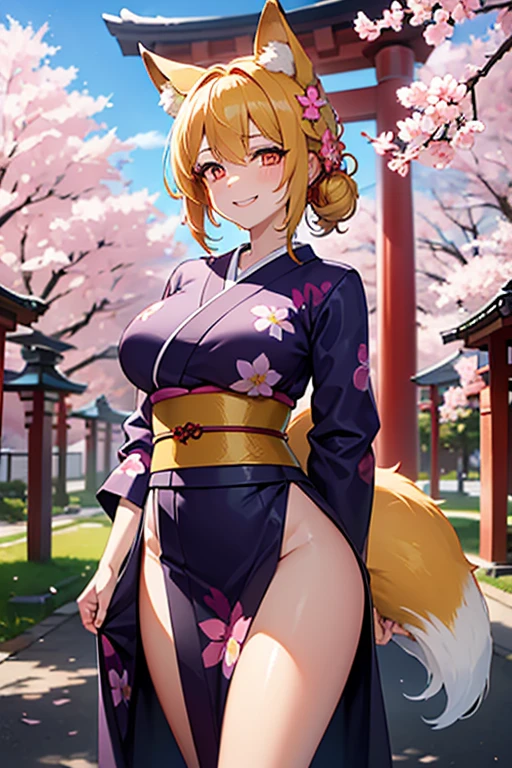 4K、Cute fox spirit、Woman in her twenties、Fox Ears、tail、kimono、Big Breasts、valley、Blonde、Short Hair、whole body、Fantasy Forest、Expose the chest、はだけたkimono、Captivating look、Relax