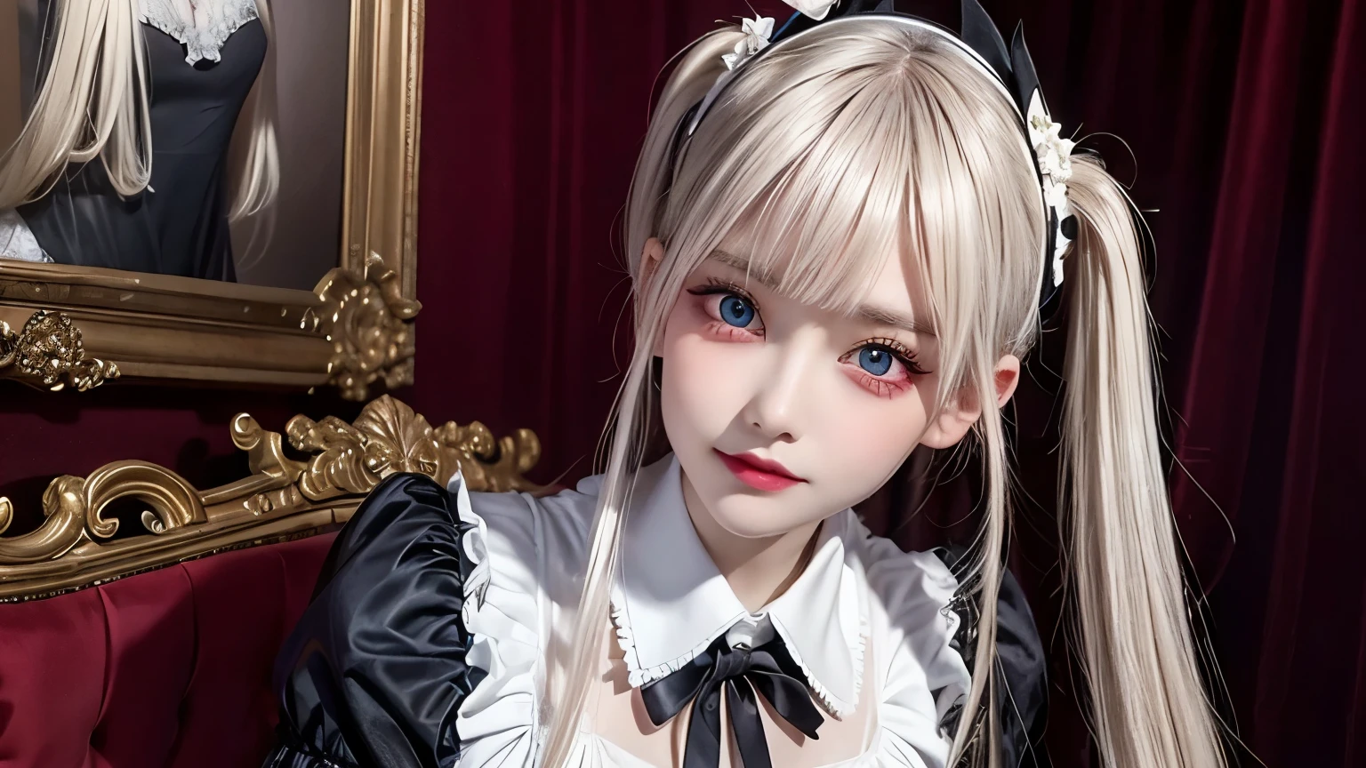 masterpiece, best quality, 8k, 8k UHD, ultra-high resolution, ultra-high definition, highres,
,//Character, 
1girl, solo, gril feeling,
star in eye,
///hair,
(high light blonde hair), ponytail, hair ribbon, white ribbon, hair bow,
///expression,
charming expression,
///((Gothic Lolita style maid outfit)),
white gloves,
Elegant - she wear noble and Sexy white-black dress, long sleeves, juliet sleeves, frills, puffy,
Majestic - as a strong individual,she exudes a heroic and imposing aura,
/// action,
one arm push forward, Soulful chant,
//Fashion, 
hoshino ai,
//Background, 
dawn,Mizuki_Lin