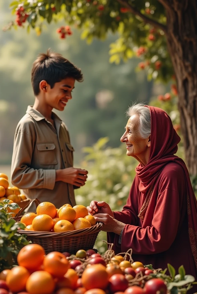 The elderly woman holding the fruit with both hands, looking gratefully at the Prophet Muhammad (PBUH), and expressing her appreciation with a heartfelt gesture.