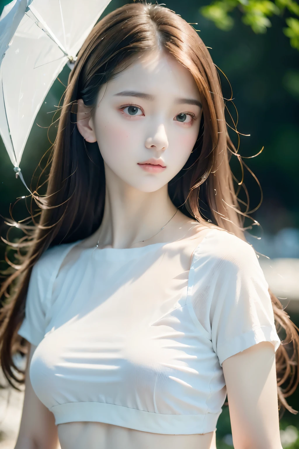 1 girl,full body,unknown,Detailed Outfits,(Delicate Illustrations:1.4),(masterpiece:1.0),(of the best quality:1.4),(ultra high definition:1.2),(photorealistic:1.4),(16k, RAW photo:1.2),(soft focus:1.4),( beautiful girl:1.3),(sharp concentration:1.4), (Renaissance art:1.4),detailed, (white collared blouse),with skin exposed on the navel and the area around it,(Weak Beautiful Girl ),