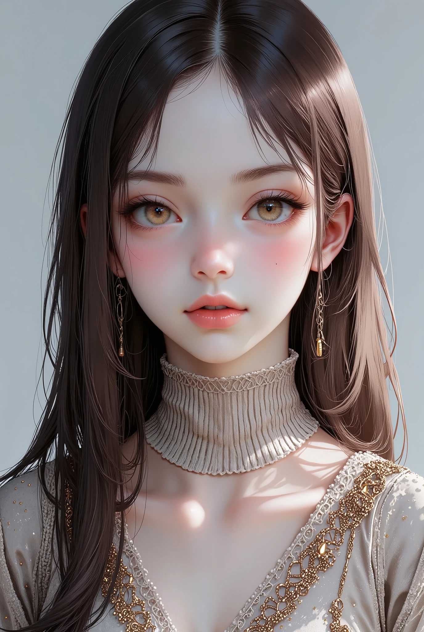 Girl, very long soft brown hair, brown eyes, sharp features, white skin, shiny light pink lips, perfect, wearing a neck sweater, sweater, high resolution, clear colors .