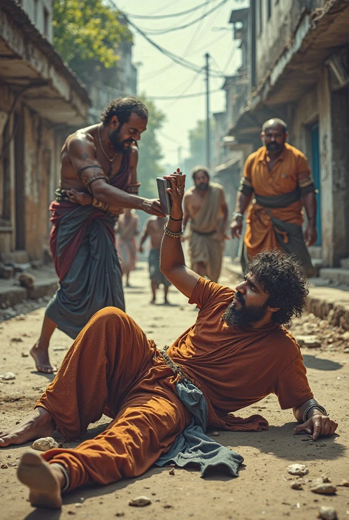 Kindly create some images where 2 beggers are fighting at Bangladeshi street. One of them are lamb leg and other without one hand.
