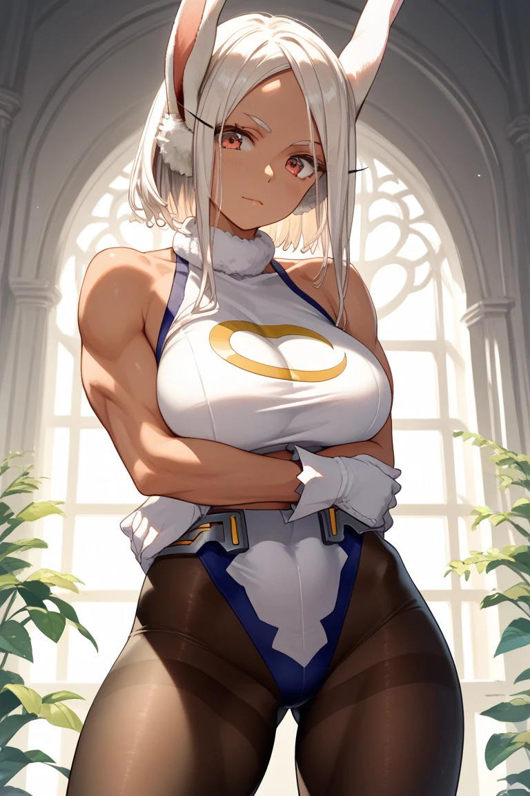 Woman with tanned skin and white hair wearing transparent clothing
