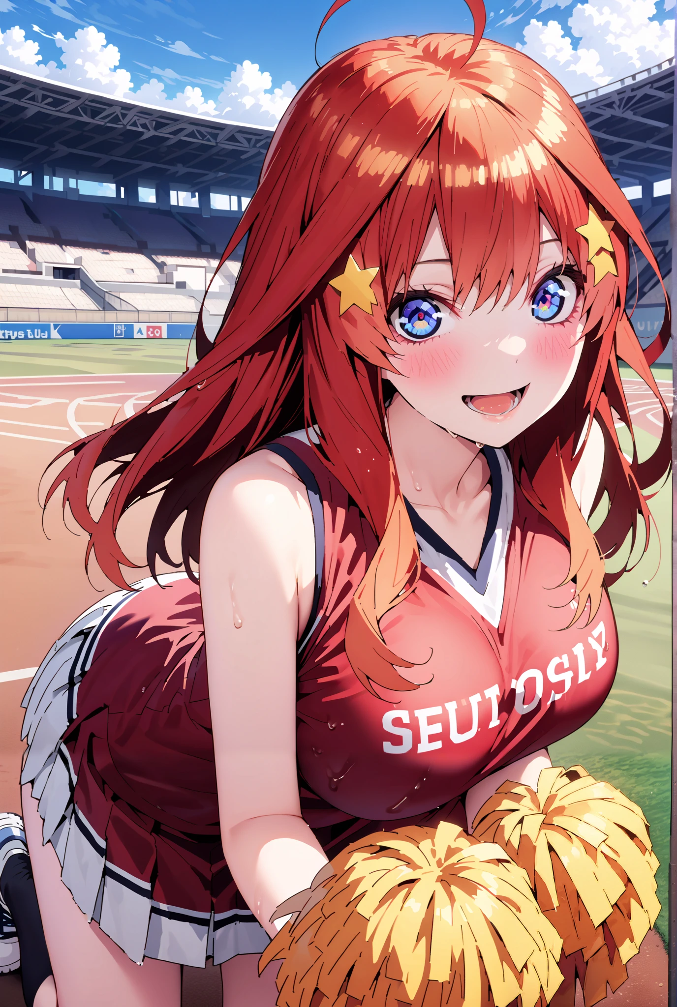 score_9, score_8_up, score_7_up, source_anime, Nakano Mizuki , long hair, blue eyes, hair ornament, red hair, star (  symbol ),star hair ornament,smile,cover,opens her mouth,Big Breasts,(Cheerleading), (full body),  on chest, (while riding), while riding Wet Clothes, (Red clothing),sleeveless, pleated skirt,black socks,sneakers with a ladyback letter,  stomach button support , playground, (jump), (jump), 足を曲げてjumpする, , blue sky,  Compa, smile,cheerleader, Pom-pom \(Cheerleading\) real hair ornaments,standing,full bodyががillustrationsに入るように,break outdoors,Stadium,
break looking at viewer,full body，
break (masterpiece:1.2), of the best quality, high definition, Unity 8k 壁紙, (illustrations:0.8), (beautiful detailed eyes:1.6), Highly Detailed Face,  so that it fits into the illustration, Extremely Detailed CG, (perfect hand, PERFECT ANATOMY),