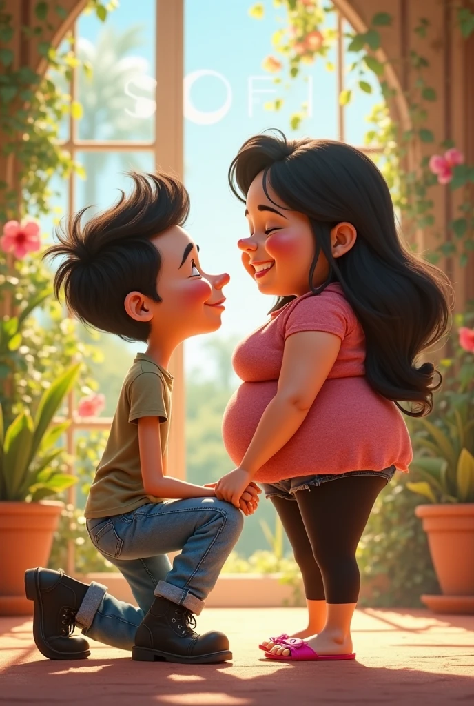 Chubby women in pink t shirt name on it Dona,hold hands of slim boy with black t shirt name on it gavaskar trun back side
