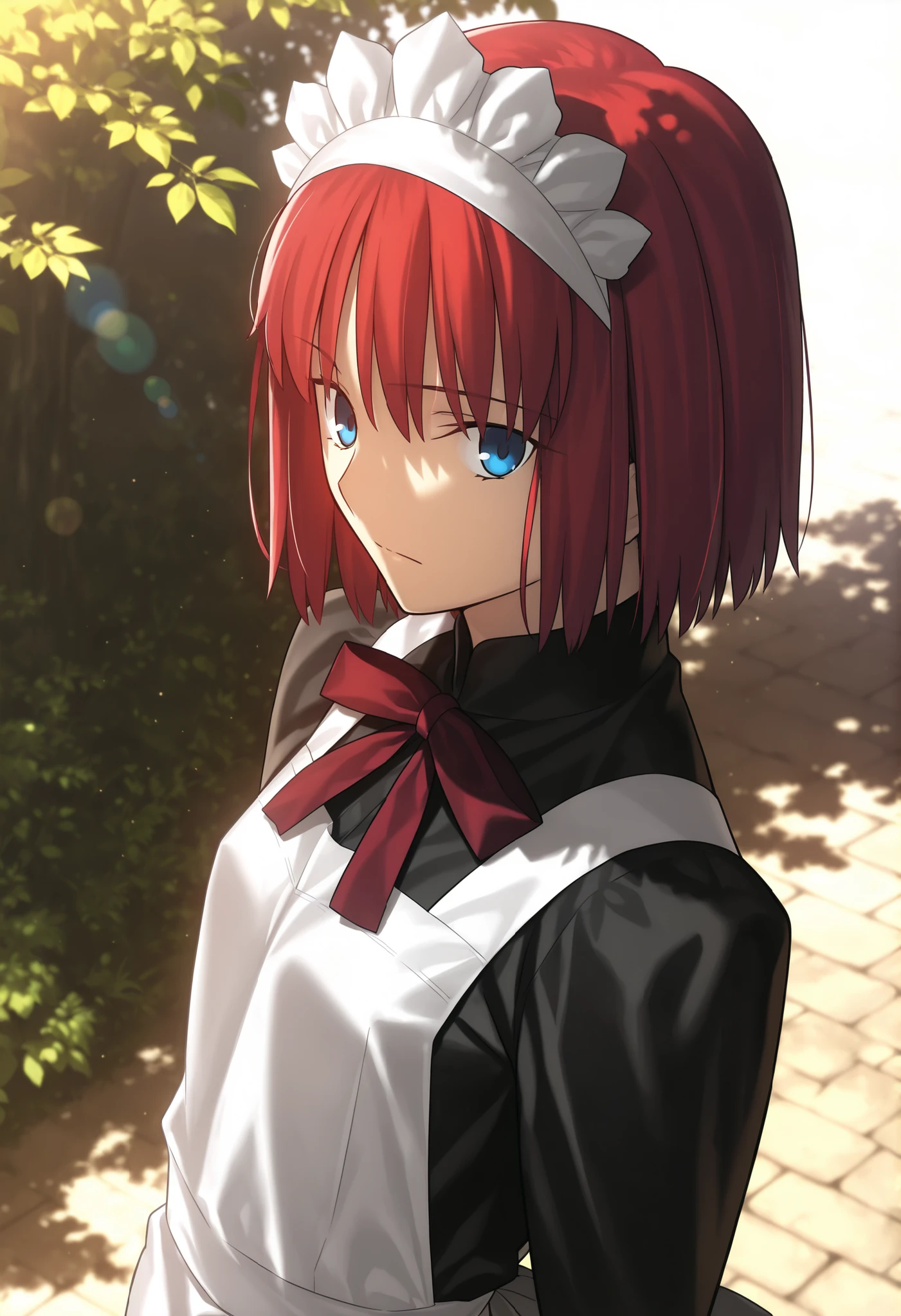 masterpiece, , absurdres, highres, detailed background, high resolution, masterpiece, necessary, detail, best quality, quality, necessary, details, High details, Precise, dark, outdoors, dappled sunlight, day, lens flare, blurry background, from above, from side, upper body,
1girl, , Takeuchi Takashi (type-moon,tsukihime) style, takeuchi takashi style,
tall girl, mature, Akiha_Tohno, (tsukihime), red hair, bangs, (short hair, bob cut hair), (very light blue eyes), straight hair, tsurime, maid headdress, (), expressionless,
(black dress shirt, white apron), , dark red ribbon, small breast, flat chest, , looking at viewer, ,