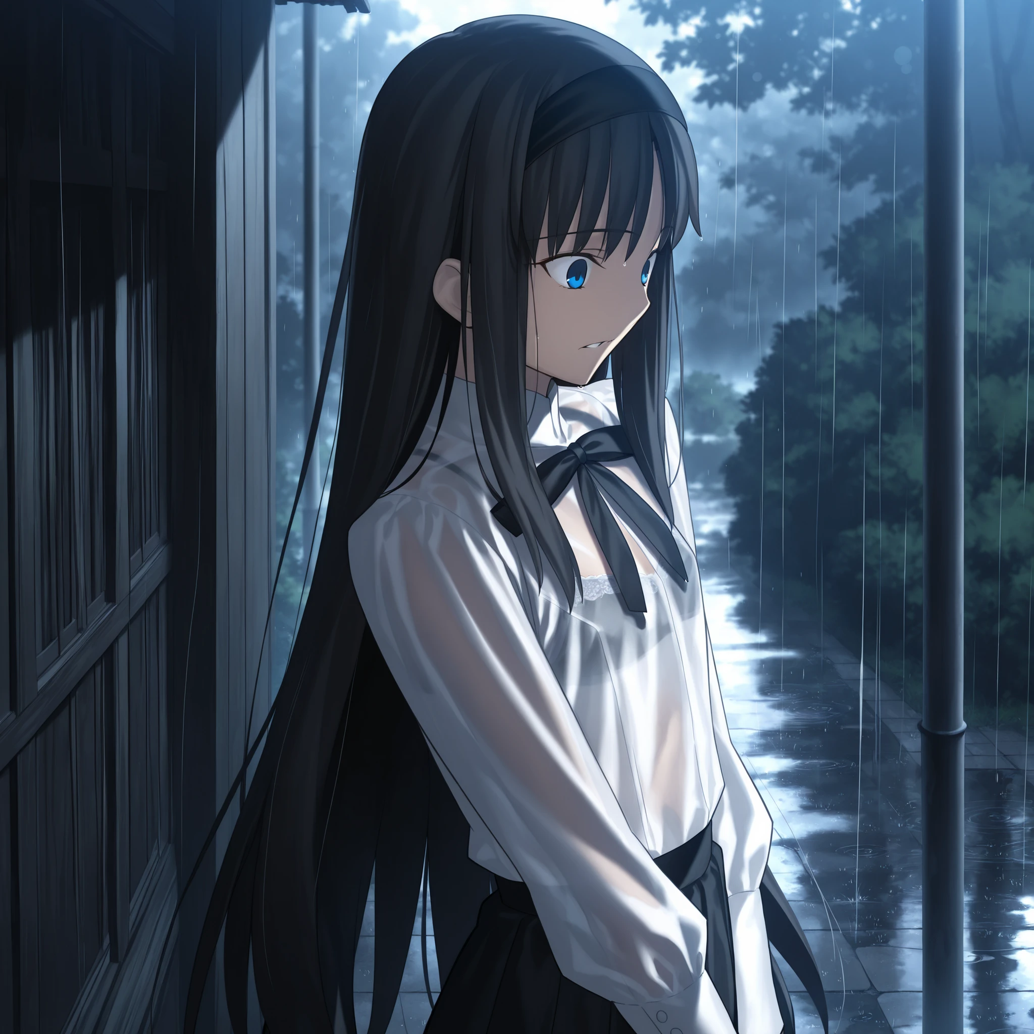 masterpiece, , absurdres, highres, detailed background, high resolution, masterpiece, necessary, detail, best quality, quality, necessary, details, High details, Precise, dark, outdoors, dappled sunlight, day, lens flare, blurry background, from above, upper body, from side,                                            
                                                                                                                                                                                                                         1girl, , Takeuchi Takashi (type-moon,tsukihime) style, takeuchi takashi style, 
   
tall girl, mature, Akiha_Tohno, (tsukihime), black hair, bangs, long hair, blue eyes, upturned eyes, black headband, straight hair, tsurime, ,(), surprised, wide-eyed,
(white shirt, black long skirt), see-through, bra, undress black ribbon, small breast, flat chest, , looking down, rain, 