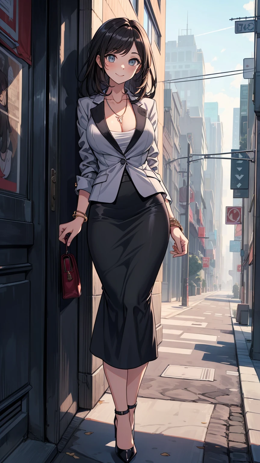 nsfw, (ultra-detailed, photorealistic, best quality, 4k, 8k, highres, masterpiece:1.3), a strikingly beautiful young woman, tall with a voluptuous figure, long toned legs, flat abs, and an hourglass body shape, long glamorous platinum blonde hair, expressive blue eyes, Her perfectly round and full breasts are a standout feature, complemented by her sophisticated makeup, featuring smokey eyeshadow, dramatic eyelashes, and nude lips, Bella is wearing a daring and provocative business casual outfit, featuring a fitted blazer with nothing underneath, showcasing her cleavage, paired with a high-waisted pencil skirt that hugs her curves, and stiletto heels that add height, She accessorizes with a delicate gold necklace, diamond-studded earrings, and a designer clutch bag, Her posture exudes confidence and elegance, with a poised and self-assured expression, The background features a luxurious, serene setting in Verano Bay, emphasizing her refined lifestyle and the picturesque environment, (intricate detail, super finely detailed hands, ultra finely detailed fingers, full body showcase, show full body:1.3),