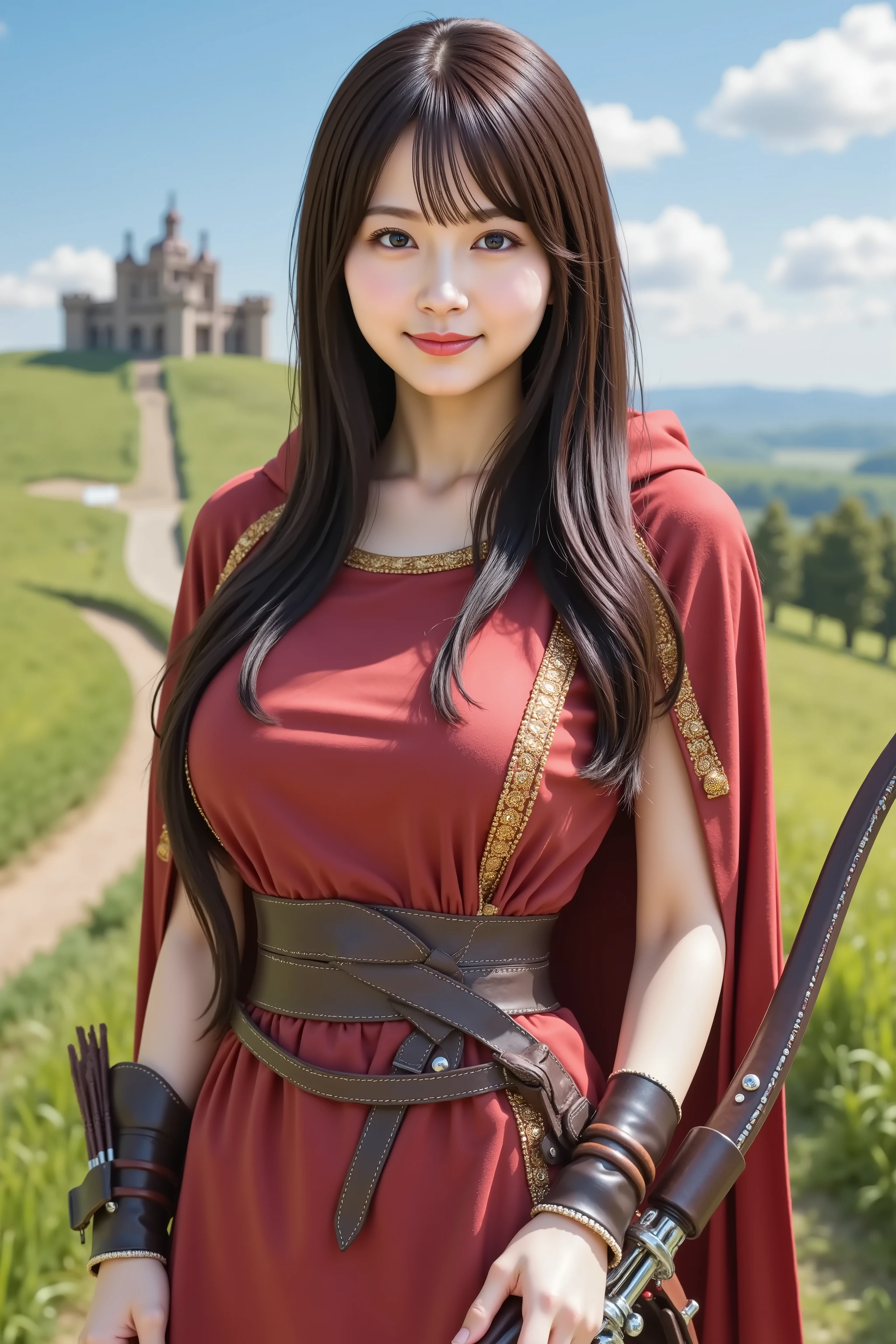 haruka, huge breast, A highly detailed, ultra-realistic digital illustration of a beautiful young Asian female archer standing proudly in an expansive, lush green field inspired by classic fantasy RPGs. She is captured in a medium close-up shot, ensuring her entire head is visible with appropriate headroom while focusing on her from the thighs up. Her long, flowing black hair cascades down her back in soft waves, with delicate bangs framing her determined yet gentle face. Her deep, expressive eyes convey both courage and a sense of adventure, while her lips curl into a confident yet warm smile. She wears an elegant yet battle-ready archer’s outfit, consisting of a fitted red and crimson tunic with golden embroidery, layered over a lightweight but durable set of leather armor designed for mobility and protection. A deep red hooded cape drapes over her shoulders, catching the breeze slightly and enhancing her striking presence. Her hands are clad in sleek fingerless gloves optimized for precise bow handling. A slim utility belt with arrowhead pouches and a quiver hangs securely at her side. She holds a finely crafted longbow made of polished dark wood and reinforced with silver inlays; the bowstring is taut as if she’s ready to strike, while an arrow rests lightly, prepared but relaxed. The background showcases a vibrant, open field with rolling green hills stretching far into the horizon, reminiscent of Dragon Quest-style landscapes. A dirt path winds through the meadow, and in the far distance are hints of medieval architecture and a majestic castle. The sky above is bright blue with soft white clouds scattered gently. A few small fantasy creatures roam in the distance, and several trees now dot the edges of the scene, adding subtle depth and natural variation to the environment.