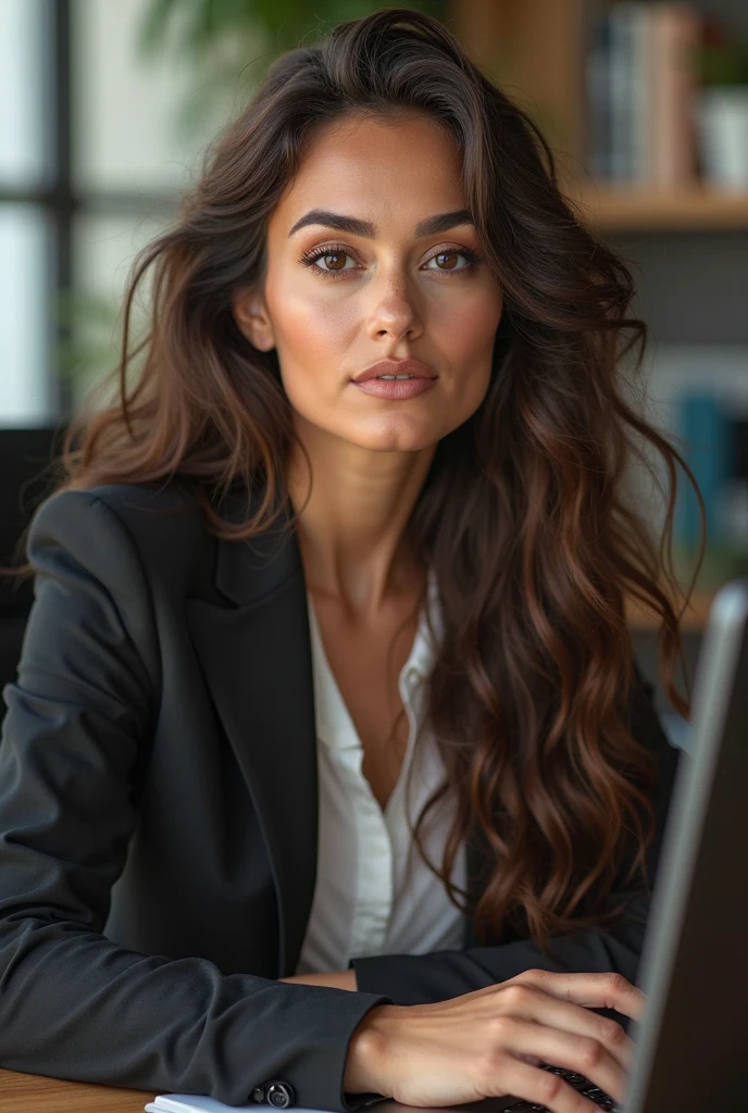 (masterpiece:1.2, Top Quality), (Real Pictures, intricated details), Solo, 1Middle-aged woman, close-up face, tee shirt, (Front Focus), Looking at me, (bangss:1.5), Long hair, office