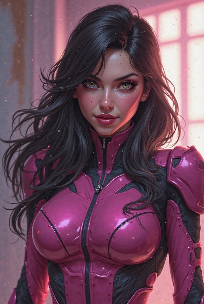 A comic book style female character with black hair. Green eyes with white space military suit with pink detail with emblem on the shoulders written bravex.