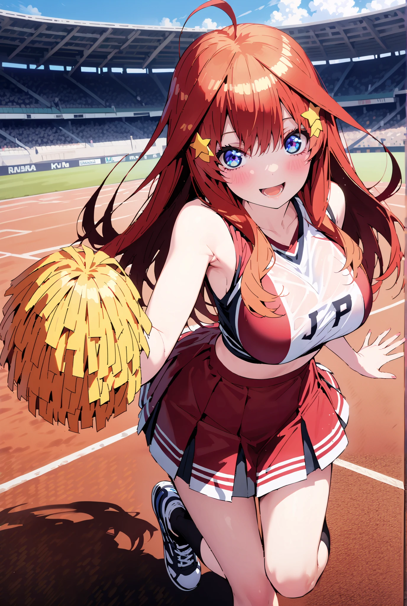 score_9, score_8_up, score_7_up, source_anime, Nakano Mizuki , long hair, blue eyes, hair ornament, red hair, star (  symbol ),star hair ornament,smile,cover,opens her mouth,Big Breasts,(Cheerleading), (full body),  on chest, (while riding), while riding Wet Clothes, (Red clothing),sleeveless, pleated skirt,black socks,sneakers with a ladyback letter,  stomach button support , playground, (jump), (jump), 足を曲げてjumpする, , blue sky,  Compa, smile,cheerleader, Pom-pom \(Cheerleading\) real hair ornaments,standing,audience，full bodyががillustrationsに入るように,break outdoors,Stadium,
break looking at viewer,full body，
break (masterpiece:1.2), of the best quality, high definition, Unity 8k 壁紙, (illustrations:0.8), (beautiful detailed eyes:1.6), Highly Detailed Face,  so that it fits into the illustration, Extremely Detailed CG, (perfect hand, PERFECT ANATOMY),