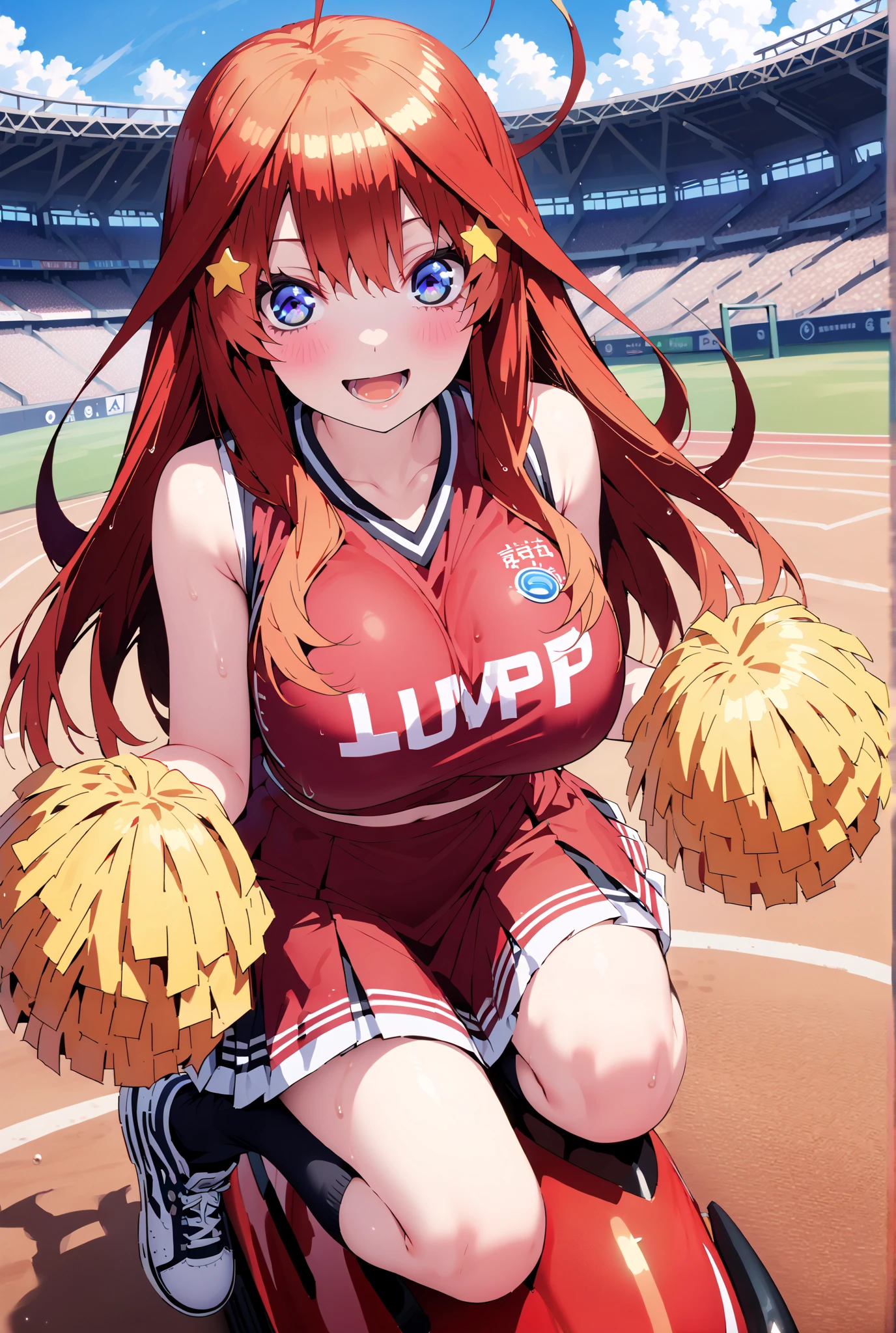 score_9, score_8_up, score_7_up, source_anime, Nakano Mizuki , long hair, blue eyes, hair ornament, red hair, star ( symbol ),star hair ornament,smile,cover,opens her mouth,Big Breasts,(Cheerleading), (full body), on chest, (while riding), while riding Wet Clothes, (Red clothing),sleeveless, pleated skirt,black socks,sneakers with a ladyback letter, stomach button support , playground, (jump), (jump), 足を曲げてjumpする, , blue sky, Compa, smile,cheerleader, Pom-pom \(Cheerleading\) real hair ornaments,standing,audience,full bodyががillustrationsに入るように,break outdoors,Stadium,
break looking at viewer,full body,
break (masterpiece:1.2), of the best quality, high definition, Unity 8k 壁紙, (illustrations:0.8), (beautiful detailed eyes:1.6), Highly Detailed Face, so that it fits into the illustration, Extremely Detailed CG, (perfect hand, PERFECT ANATOMY),