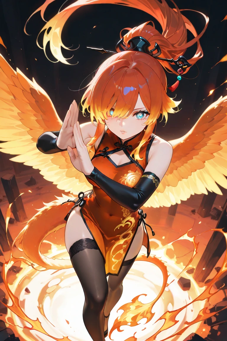 (RAW Photos, Best Quality), ((goddes)), (Fantasia, animesque:1.2), (1womanl), Absurd, awardwinning photo, Extreme Detail, very intricate,, Detailed face + Eyes, Red-haired, short-hair, (The face is small), Beautiful eyes, long eyelashes, slenderbody, Deities々Right, Has an aura, a captivating outfit, (huge tit), (red and black costume), ((A slight smil)), ((Rocky mountain landscape, Flames rise)), Full body portrait, (Arms Spread Pose), Realistic, Highly detailed, Photography, masutepiece, High quality, High quality, hight resolution, Professional Lighting, (glistning skin:0.9),