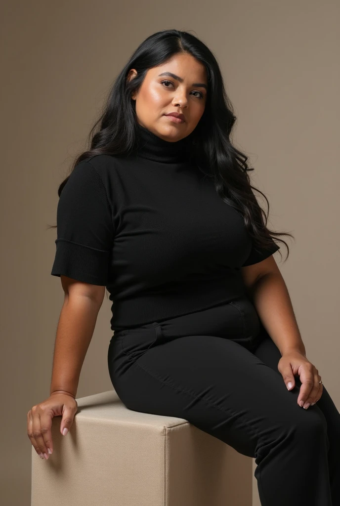 body photo, beautiful detailed, cute face, short, mexican , slightly chubby, short black hair, black hair over one eye, long sleeve plain T-shirt, long pants, fat wide hips, solo,