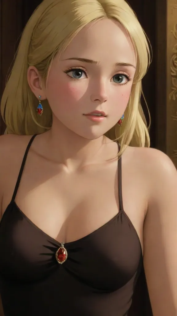 1girl,3d,bare arms,bare shoulders,blonde hair,breasts,breasts out,collarbone,earrings,eyeliner,eyeshadow,female focus,gem,jewelry,large breasts,lipstick,long hair,looking at viewer,makeup,necklace,nipples,parted lips,red lips,solo,teeth,topless