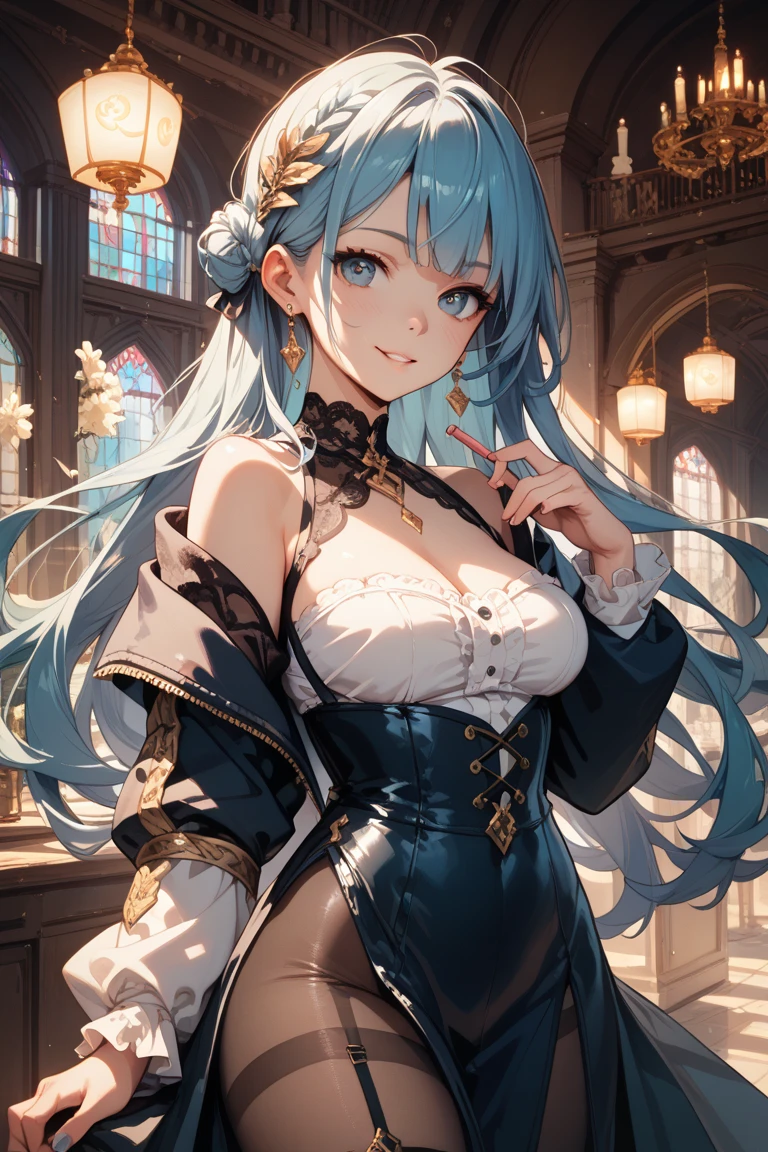 ((masterpiece_Portraiture)),(beautiful girl),(Pixiv),(Fantasy).(Anime aesthetic of the 10s),(woman_concentrated),(cowboy_shot),(Looking_in_Audience),(Fine/Stay Night),One girl,arrogant_face,Curvy,big_chest,sharp face,absurdly long hair,two-tOne hair,white hair,blue hair,hair_that&#39;s all_One_eye,curly hair,half-closed eyes,sky blue eyes,Mouth closed,Elf Ears,Are standing,Paladin,white_armored_dress,gray_armor,Black Tie_expensive_socks,garter_belt,Black choker,Amulets,armored_boots