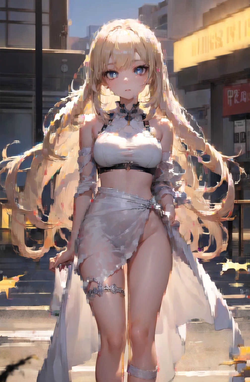 (hyperrealistic), (illustration), (high resolution), (8K), (extremely detailed), (best illustration), (beautiful detailed eyeest quality), (ultra-detailed), (masterpiece), (wallpaper), (detailed face), solo 1 girl, white wavy hair, korean, heterochromic eyes, small moles under the eyes, loose white shirt, yoga pants, big breasts, long legs, tight abs, camel toes, dynamic pose
